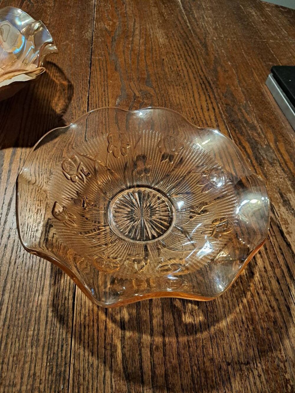 Vintage Jeanette Iris Herringbone Marigold Carnival Glass Ruffled Serving Bowl